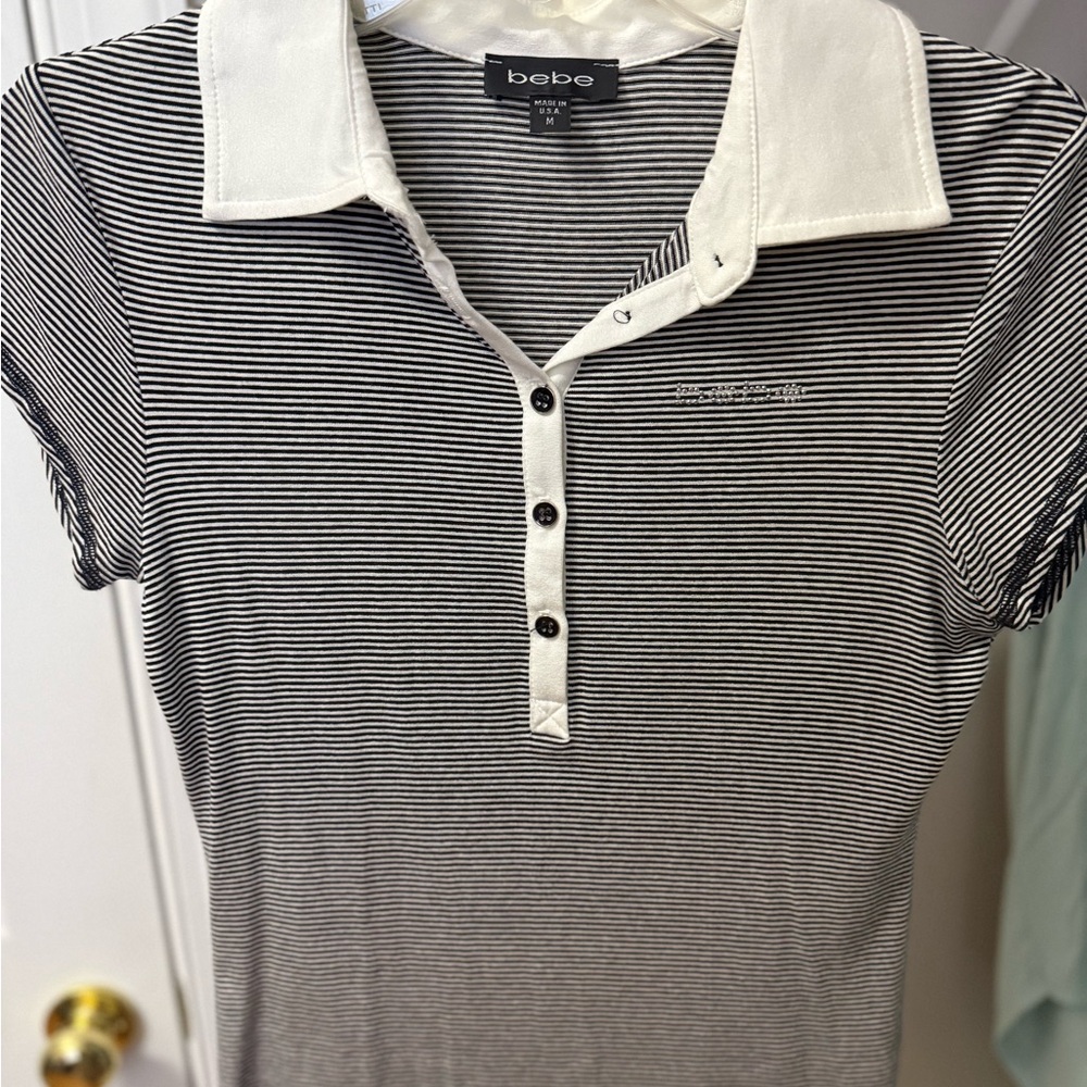 Bebe Black and White Striped Collared Top